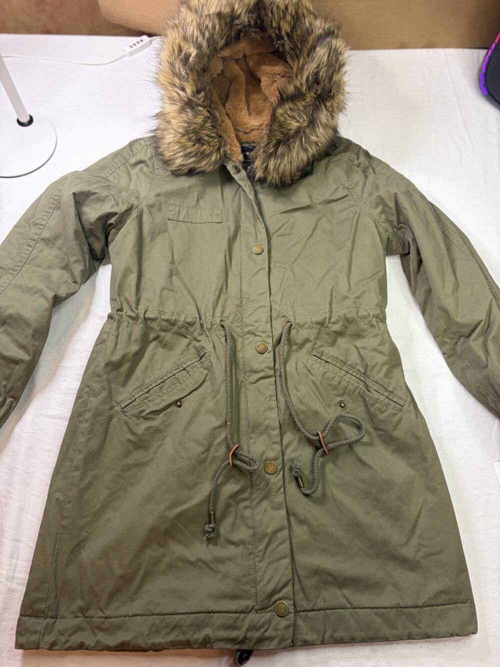 Lucky Brand Parka Women’s XS Olive Green Faux Fur Lined Hooded Anorak Coat